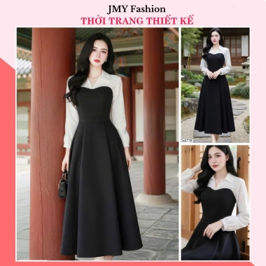 Váy đen công sở dáng chữ A xòe dài tay, cổ sơ mi trắng - Dolce Viva