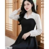 Váy đen công sở dáng chữ A xòe dài tay, cổ sơ mi trắng - Dolce Viva 7