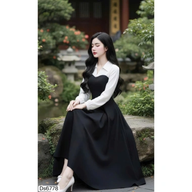 Váy đen công sở dáng chữ A xòe dài tay, cổ sơ mi trắng - Dolce Viva 8 Váy đen công sở dáng chữ A xòe dài tay, cổ sơ mi trắng - Dolce Viva 8