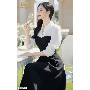 Váy đen xòe dài cổ sơ mi trắng tay lỡ - Phong cách công sở, giảm giá 495k 5