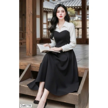 Váy đen xòe dài cổ sơ mi trắng tay lỡ - Phong cách công sở, giảm giá 495k 6