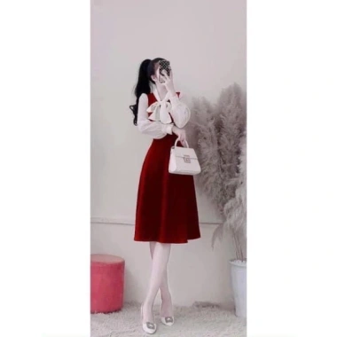 Váy đi tiệc xoè dài tay thắt nơ cổ, chất dạ nhung, khóa kéo - 146.019₫