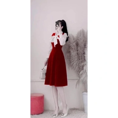 Váy đi tiệc xoè dài tay thắt nơ cổ, chất dạ nhung, khóa kéo - 146.019₫