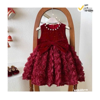 Váy Đỏ Noel và Tết Bé Gái - Nhung Hoa Hồng Bồng Bềnh Sang Trọng | KS HƯƠNG BABY