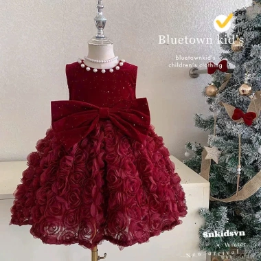 Váy Đỏ Noel và Tết Bé Gái - Nhung Hoa Hồng Bồng Bềnh Sang Trọng | KS HƯƠNG BABY