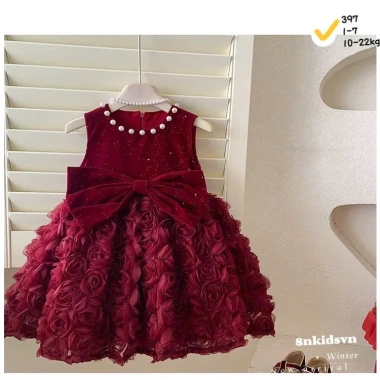 Váy Đỏ Noel và Tết Bé Gái - Nhung Hoa Hồng Bồng Bềnh Sang Trọng | KS HƯƠNG BABY