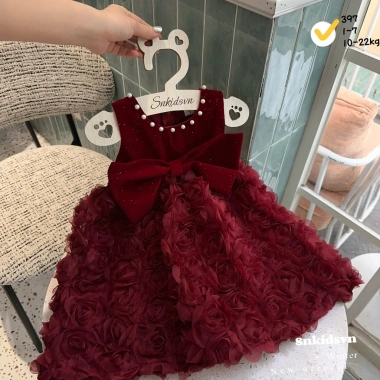 Váy Đỏ Noel và Tết Bé Gái - Nhung Hoa Hồng Bồng Bềnh Sang Trọng | KS HƯƠNG BABY