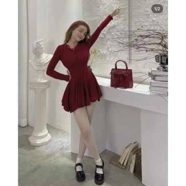 Váy đỏ xòe MP130 - Đầm dự tiệc cuối năm, Noel, Tết, rực rỡ, giá chỉ 95k
