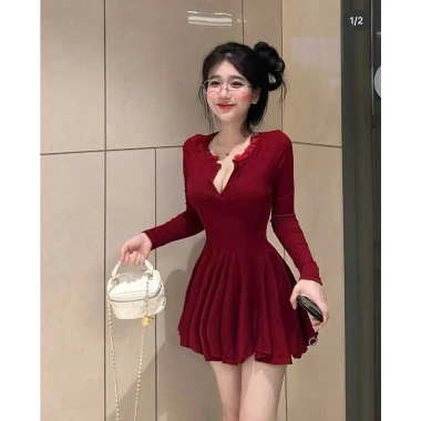 Váy đỏ xòe MP130 - Đầm dự tiệc cuối năm, Noel, Tết, rực rỡ, giá chỉ 95k