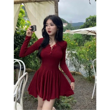 Váy đỏ xòe MP130 - Đầm dự tiệc cuối năm, Noel, Tết, rực rỡ, giá chỉ 95k