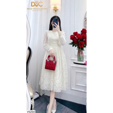 Váy DVC ren phối tơ họa tiết hoa, tay phồng tiểu thư – Sang chảnh, chỉ 495k