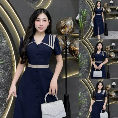 Váy Eviici nữ cổ kép viền đai liền dáng A dài, thời trang đi làm và đi chơi, giá ưu đãi 399k