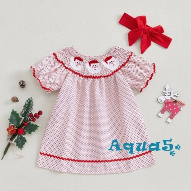 Váy Giáng sinh bé gái Aqua 2 món Ông già Noel thêu cổ thun ngắn tay kèm Tiara