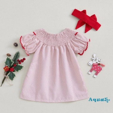Váy Giáng sinh bé gái Aqua 2 món Ông già Noel thêu cổ thun ngắn tay kèm Tiara