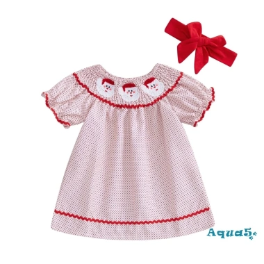 Váy Giáng sinh bé gái Aqua 2 món Ông già Noel thêu cổ thun ngắn tay kèm Tiara