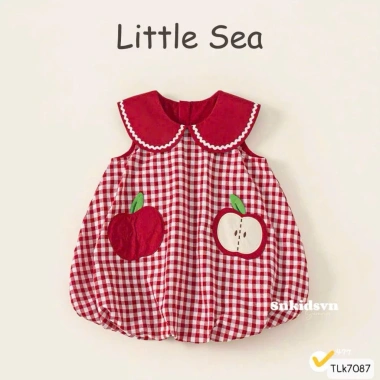 Váy hè bé gái caro dáng bí phồng thêu hình táo - size 10-20kg, giá ưu đãi 129k