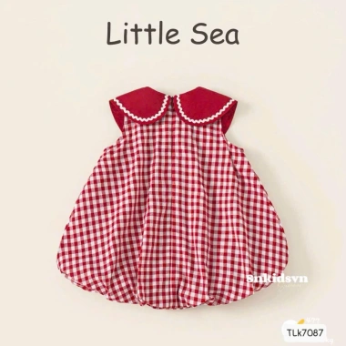 Váy hè bé gái caro dáng bí phồng thêu hình táo - size 10-20kg, giá ưu đãi 129k