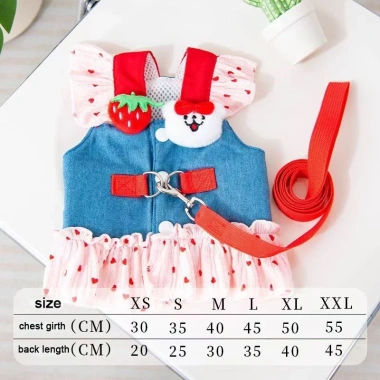 Váy jean thú cưng công chúa cho mèo và chó nhỏ dây dắt thoáng khí họa tiết dâu tây 9