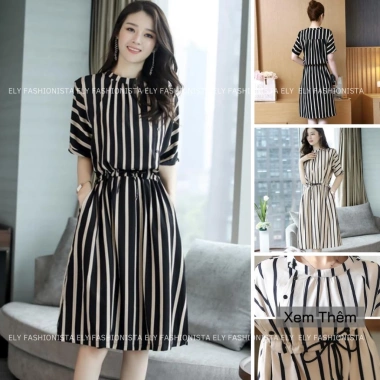 Váy kẻ nữ suông dài tay cánh rơi, eo rút, thiết kế cao cấp Hàn Quốc, màu phối hiện đại giảm giá 259.000 VND 2