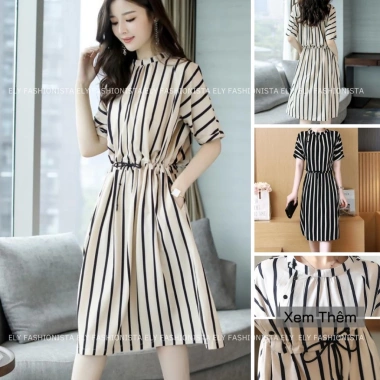 Váy kẻ nữ suông dài tay cánh rơi, eo rút, thiết kế cao cấp Hàn Quốc, màu phối hiện đại giảm giá 259.000 VND 4