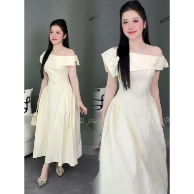 Váy lệch vai form dài cotton hàn dập nổi hoa trà – Tôn eo, che khuyết điểm, giá chỉ 220k 4