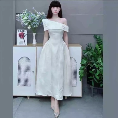 Váy lệch vai form dài cotton hàn dập nổi hoa trà – Tôn eo, che khuyết điểm, giá chỉ 220k 8