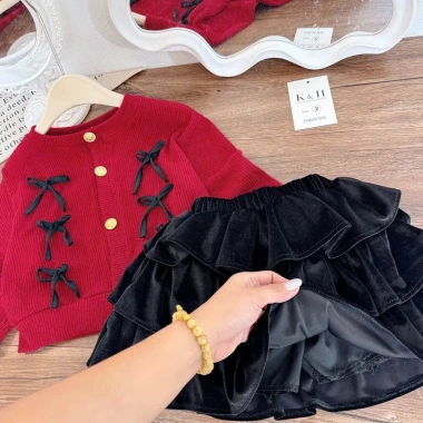 Váy len bé gái Set áo len đỏ nơ và chân váy nhung đen 3 tầng lót, Noel Tết 10-30kg Sữa Kids 209.000₫ 4