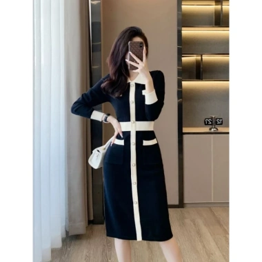 Váy Len dệt kim Quảng Châu cao cấp cổ tròn công sở siêu đẹp, size S-XL, giảm giá chỉ 439k