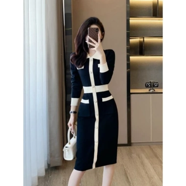 Váy Len dệt kim Quảng Châu cao cấp cổ tròn công sở siêu đẹp, size S-XL, giảm giá chỉ 439k