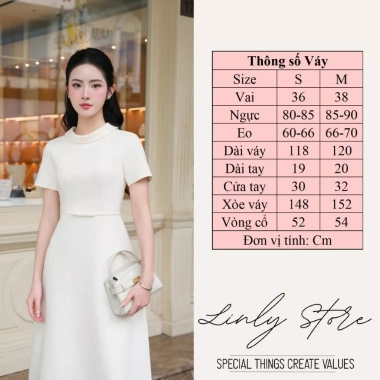 Váy liền thân cổ giếng dài tay ngắn, đai nơ tiểu thư - Linly Store V-VD10 549k 2
