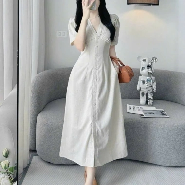 Váy Linen Cổ V Cài Nút Dáng Dài Thanh Lịch Phù Hợp Đi Làm và Đi Chơi Giá 265k