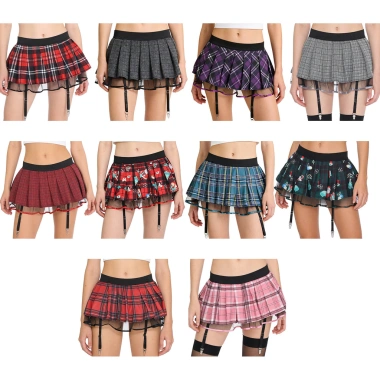 Váy Miniskirt Nữ Sinh Garters Xếp Ly Kẻ Sọc - Vải Tuyn Co Giãn, Thắt Lưng 409k