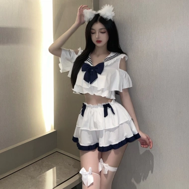 Váy ngủ cosplay học sinh 2 mảnh đính nơ cổ vải cảm - Giá ưu đãi 139k, giá gốc 169.580