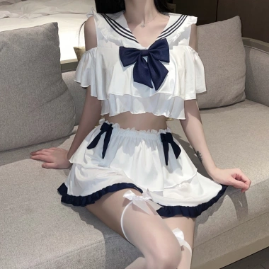 Váy ngủ cosplay học sinh 2 mảnh đính nơ cổ vải cảm - Giá ưu đãi 139k, giá gốc 169.580