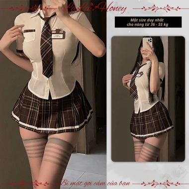 Váy Ngủ Cosplay Sexy Nữ Học Sinh Cao Cấp Gợi Cảm Kèm Cà Vạt Huy Hiệu - LALA HONEY