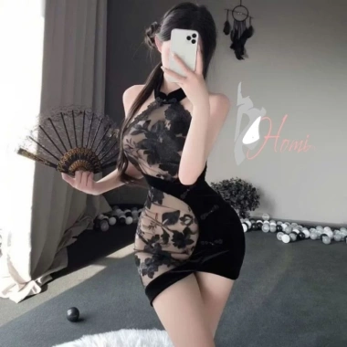 Váy ngủ cosplay sườn xám nhung mềm xuyên thấu gợi cảm - Giá chỉ 320.000 VND