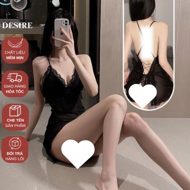 Váy ngủ hai dây ren xuyên thấu xẻ sau sexy kèm quần chip VN-807-1 giá 185.000 VND