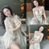 Váy ngủ lụa cao cấp Hube Sleepwear, choàng voan, ngực xếp ly, bèo ren, gọng mút nơ nhí - Tiểu thư 425k
