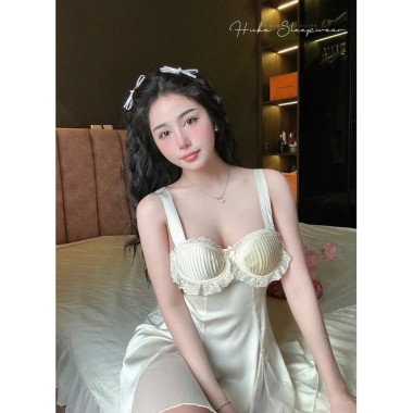 Váy ngủ lụa cao cấp Hube Sleepwear, choàng voan, ngực xếp ly, bèo ren, gọng mút nơ nhí - Tiểu thư 425k 3