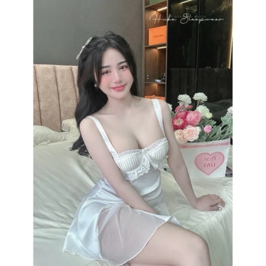 Váy ngủ lụa cao cấp Hube Sleepwear, choàng voan, ngực xếp ly, bèo ren, gọng mút nơ nhí - Tiểu thư 425k 7