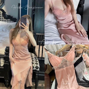 Váy Ngủ Lụa Dài Xẻ Vạt Chéo Ren, Eo Dây Nơ Ngực - Giảm 335k Xíu Sleepwear Váy Ngủ Lụa Dài Xẻ Vạt Chéo Ren, Eo Dây Nơ Ngực - Giảm 335k Xíu Sleepwear