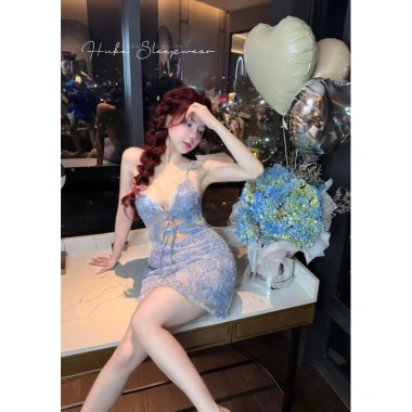 Váy ngủ lụa Midnite hoa nhí bèo nổi nơ ngực có mút đệm tiểu thư QCCC Loại 1 - Xíu Sleepwear 395k 3