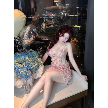 Váy ngủ lụa Midnite hoa nhí bèo nổi nơ ngực có mút đệm tiểu thư QCCC Loại 1 - Xíu Sleepwear 395k 7