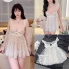 Váy Ngủ Lụa Ren Dây Cánh Tiên Babydoll Ngắn Cổ Ngực Pha Ren Hube Sleepwear 335k