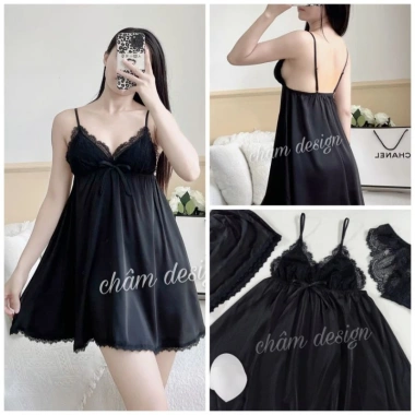 Váy ngủ lụa satin đen gắn nơ ngực xinh xắn - Giá chỉ 119.000đ, giảm tới 33%