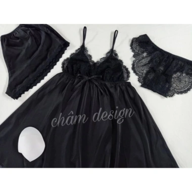 Váy ngủ lụa satin đen gắn nơ ngực xinh xắn - Giá chỉ 119.000đ, giảm tới 33%