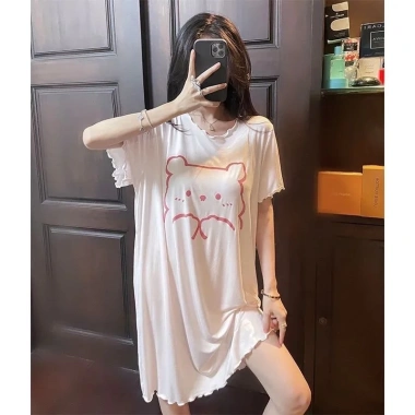 Váy ngủ mùa hè gấu ngắn tay cổ tròn mềm mại ngọt ngào giá 98.000 cho bà bầu