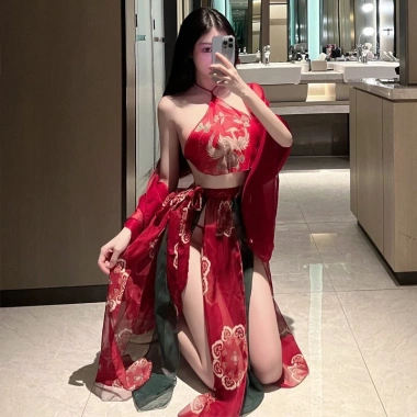 Váy ngủ nữ sexy, Yếm, Khăn voan họa tiết công, Đồ ngủ cosplay cổ trang gợi cảm DN08 Giá 125k 2