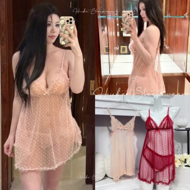 Váy ngủ ren tơ chấm bi nhí kèm chip xuyên thấu bèo viền Loại 1 - Hube Sleepwear 285k