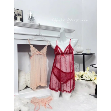 Váy ngủ ren tơ chấm bi nhí kèm chip xuyên thấu bèo viền Loại 1 - Hube Sleepwear 285k 9